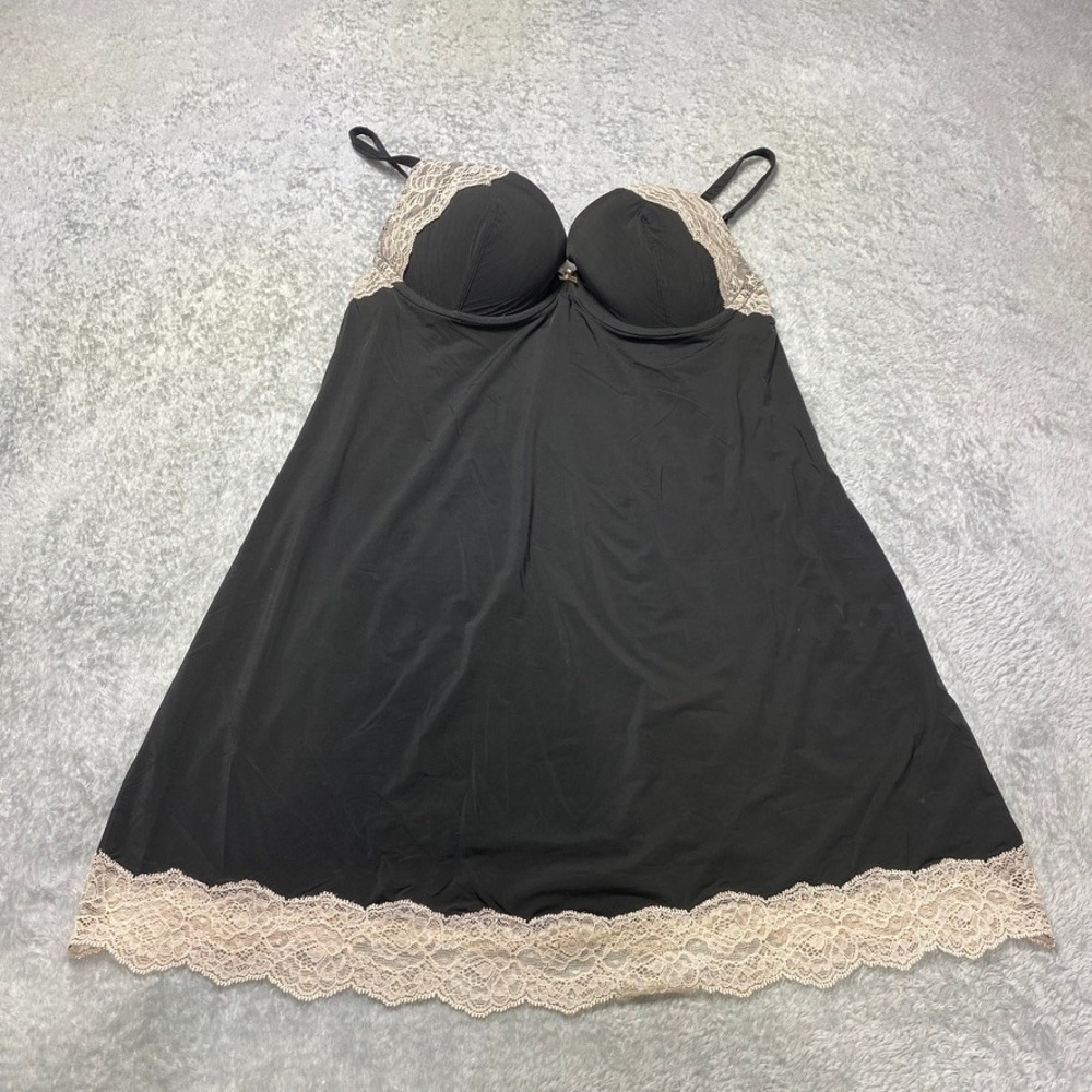 Victorias Secret Womens 34C Babydoll Chemise Lace Trim Black Cream Underwire Cup